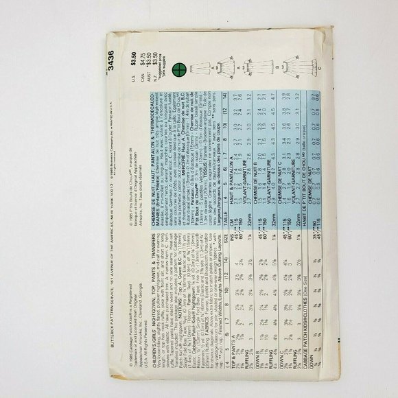 1985 Butterick 3436 Cabbage Patch Kids Doll Sz 12 - Picture 3 of 3